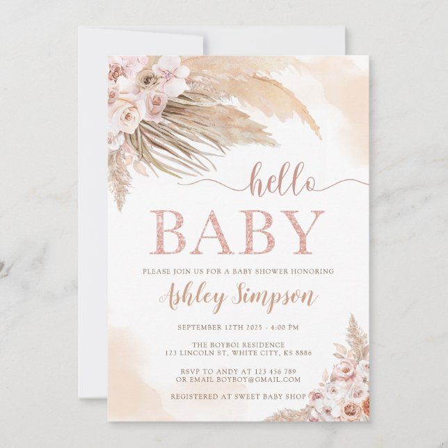 Pink Pampas Grass Boho Hello Baby Shower Invitation (Front)