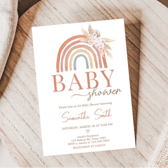 Pink Pampas Grass Boho Rainbow Baby Shower Invitation (Girl Boho Rainbow Baby Shower Invitation)