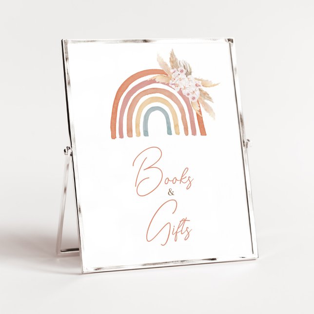 Pink Pampas Grass Boho Rainbow Books and Gifts Poster (Girl Boho Rainbow Baby Shower Books and Gifts Sign)