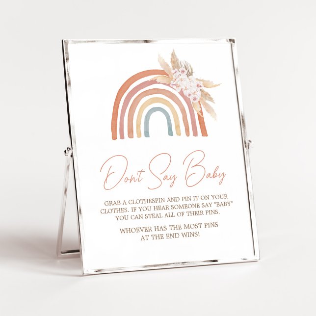 Pink Pampas Grass Boho Rainbow Don't Say Baby Poster (Girl Boho Rainbow Baby Shower Don't Say Baby Sign)