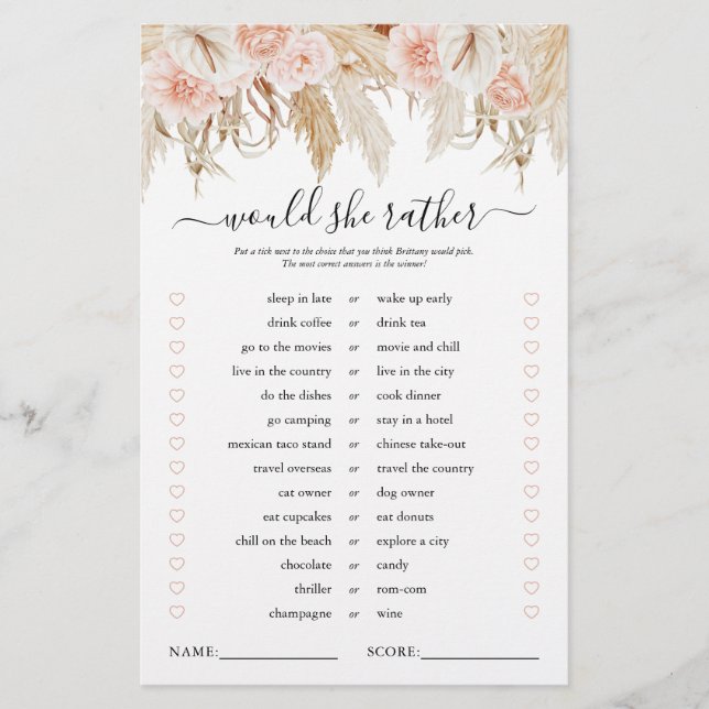 Pink Pampas Grass Bridal Shower Game (Front)