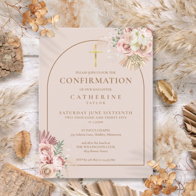 Pink Pampas Grass Floral Gold Arch Confirmation Invitation Postcard (Pink Pampas Grass Floral Gold Arch Confirmation Invitation Postcard)