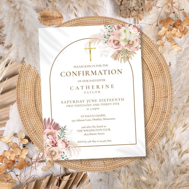Pink Pampas Grass Floral Gold Arch Confirmation Invitation Postcard (Pink Pampas Grass Floral Gold Arch Confirmation Invitation Postcard)