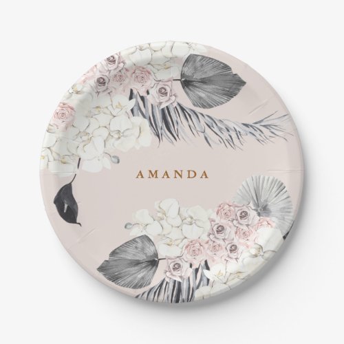 Pink Pampas Grass Floral Wedding Shower Party Paper Plates