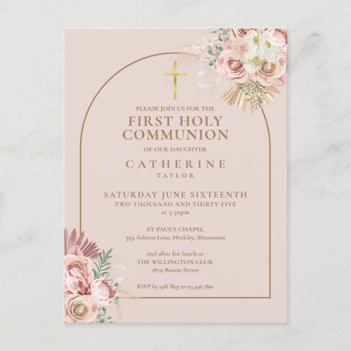 Pink Pampas Grass Gold Arch First Holy Communion  Invitation Postcard