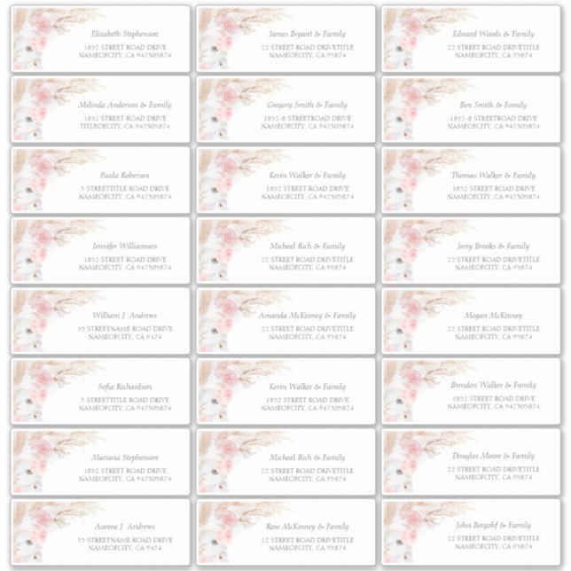 Pink Pampas Grass Guest Names Address Labels (Front)