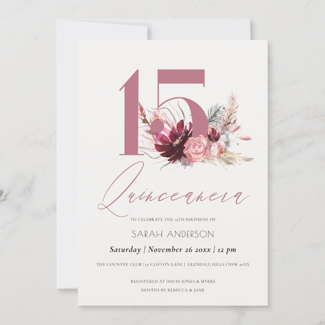 Pink Pampas Grass Quinceanera 15th Birthday Invite (Front)