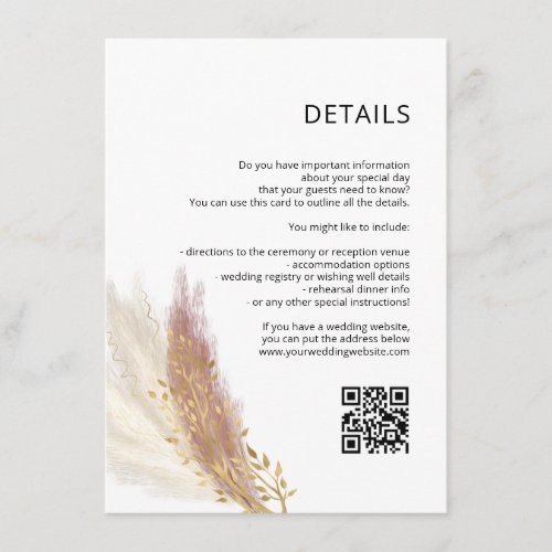 Pink Pampas wedding detailsinformation card