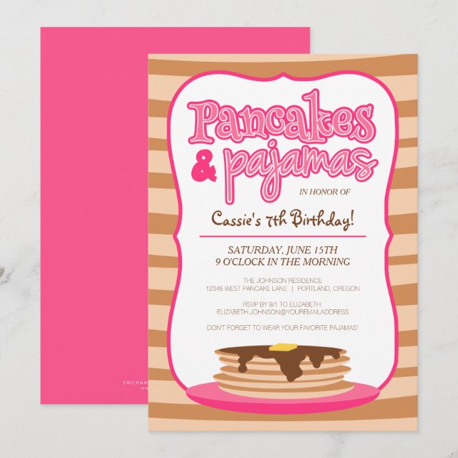 Pink Pancakes and Pajamas Birthday Invitation (Front/Back)
