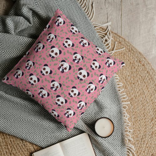 Pink  Panda Bear and Leaves Pattern Nursery  Throw Pillow