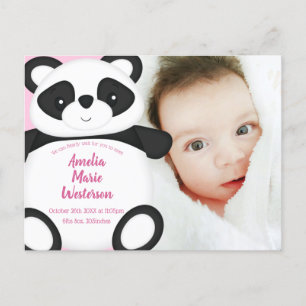 Pink Panda Bear Baby Birth Announcement Postcard
