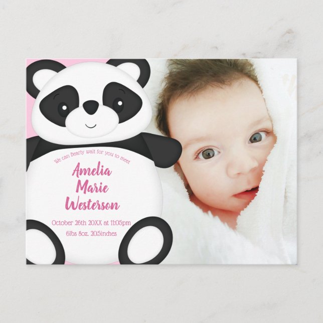 Pink Panda Bear Baby Birth Announcement  Postcard (Front)