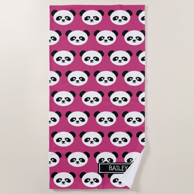 Pink Panda Bear Pattern Kawaii Personalized Kids Beach Towel (Front)