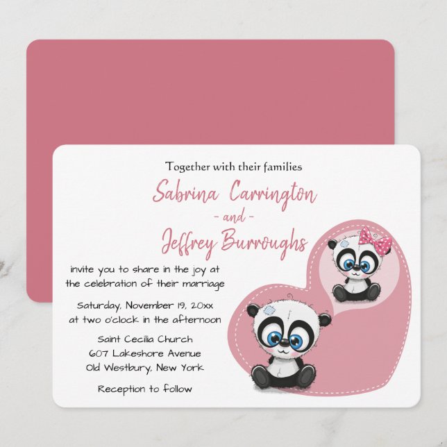 Pink Panda Teddy Bears Heart Cartoon Wedding Invitation (Front/Back)