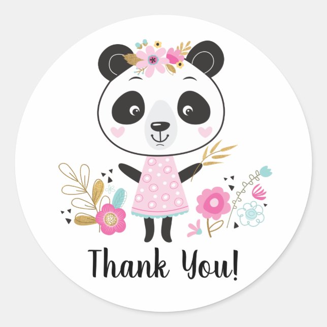 Pink Panda Thank You Adorable Girly Classic Round Sticker (Front)