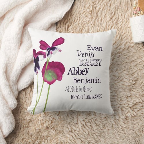 Pink Pansies Grandmother Grandchildrens Names Throw Pillow