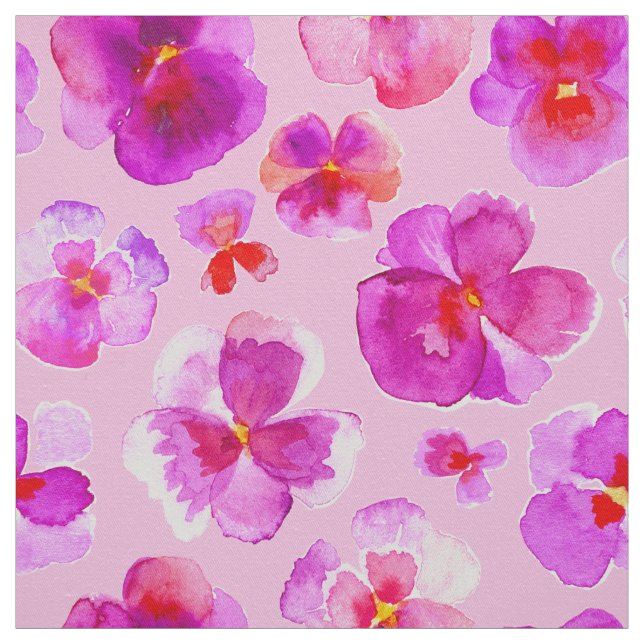 Pink pansies watercolor flower art fabric (Swatch)
