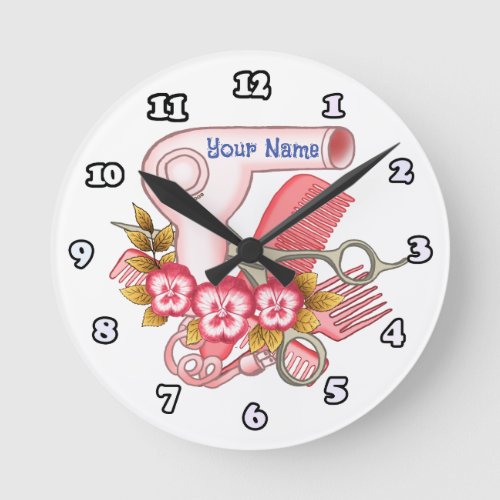 Pink Pansy Beautician custom name Round Clock