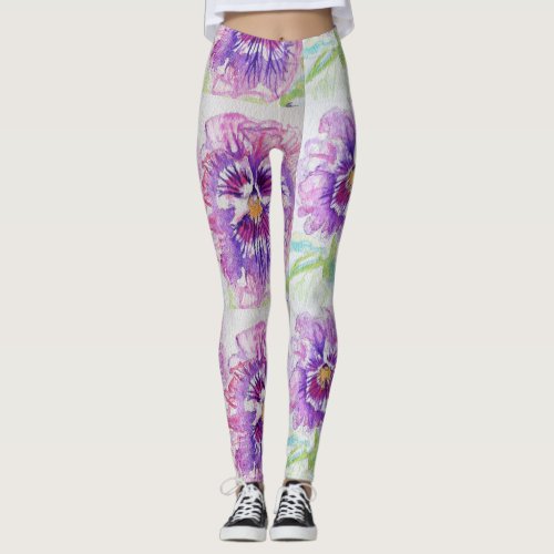 Pink Pansy Floral Watercolor Leggings