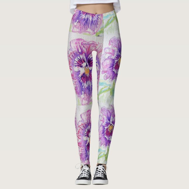 Pink Pansy Floral Watercolor Leggings (Front)
