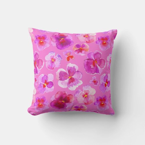 Pink pansy floral watercolor modern art pillow