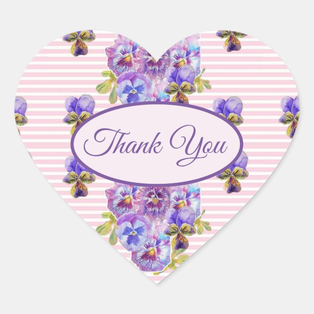 Pink Pansy Flower floral Thank You Pattern Heart Sticker (Front)