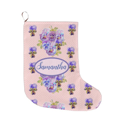 Pink Pansy Flower Pansies art Floral Spot Flowers  Large Christmas Stocking