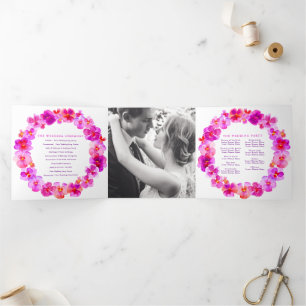 Pink pansy flowers watercolor wedding Tri-Fold program