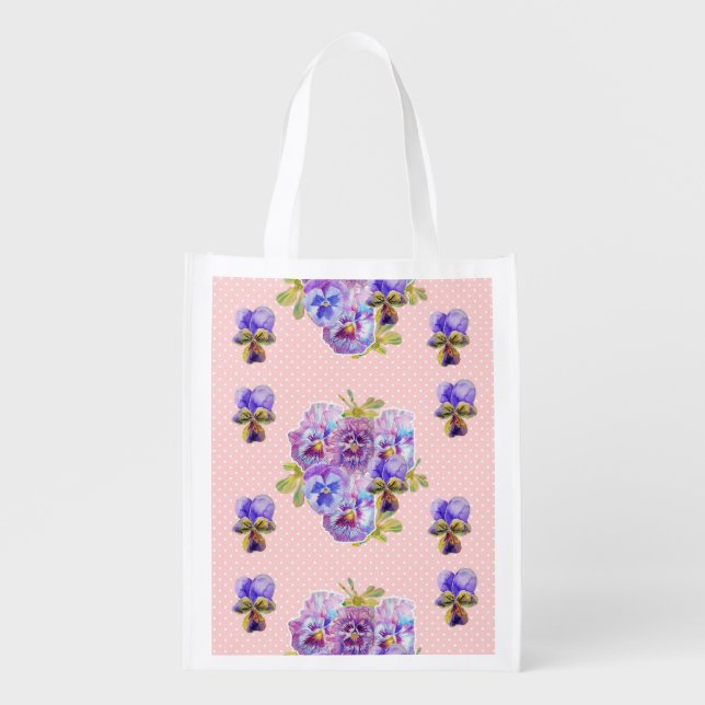 Pink Pansy Shabby Chic floral Reusable Grocery Bag (Front)