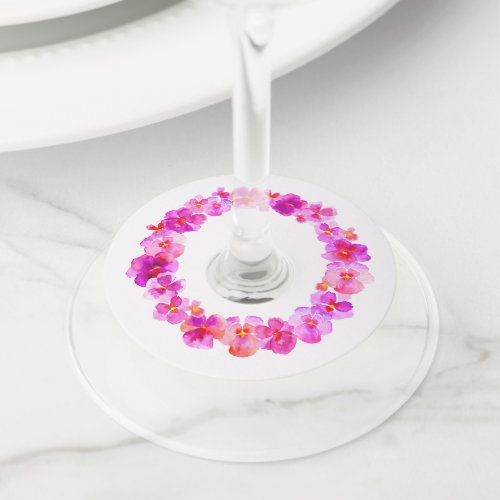 Pink pansy watercolor art flower wedding events wine glass tag