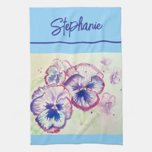 Pink Pansy watercolor Womens Pale Pink Blue Kitchen Towel