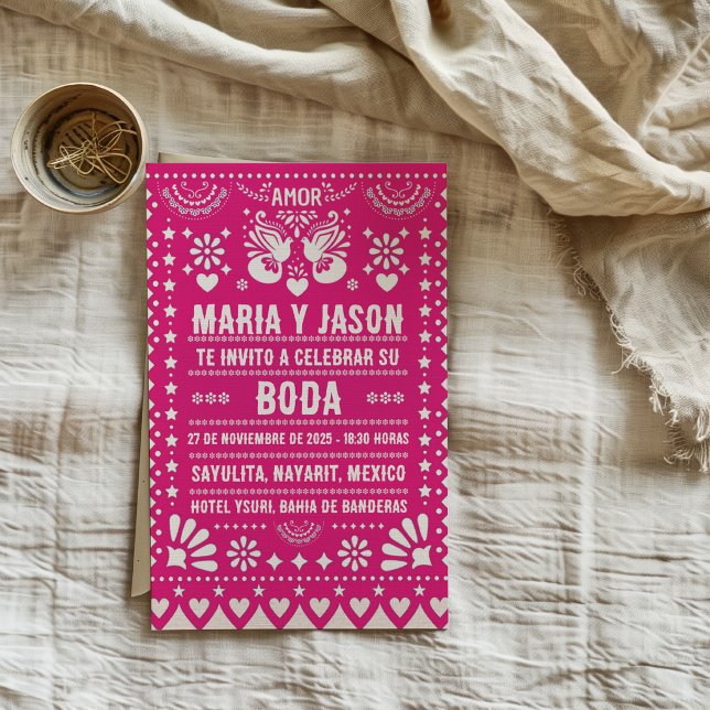 Pink Papel Picado Fiesta Folk Art Spanish Wedding Invitation (Pink Papel Picado Fiesta Folk Art Spanish Wedding Invitation)