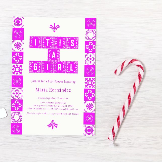 Pink Papel Picado Fiesta It's a Girl Baby Shower Invitation (Creator Uploaded)