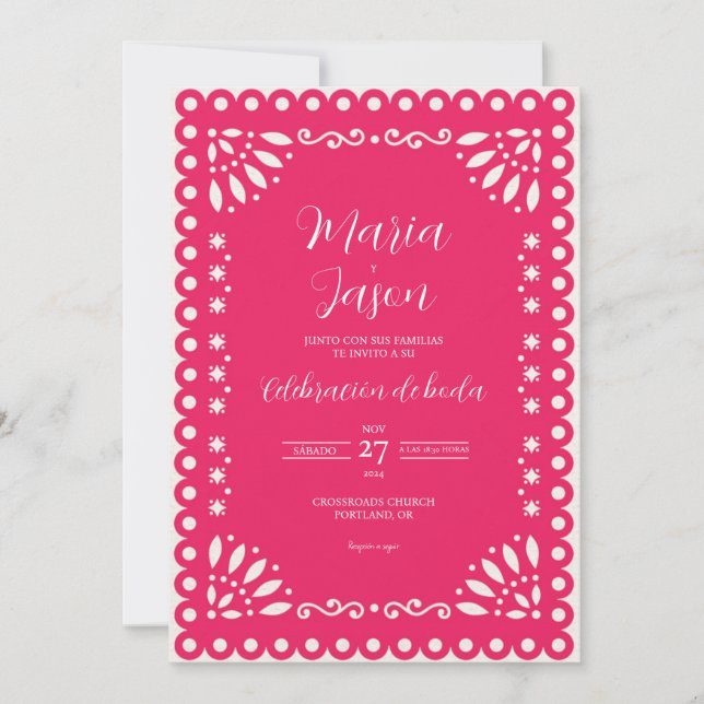 Pink Papel Picado Traditional Boda Spanish Wedding Invitation (Front)
