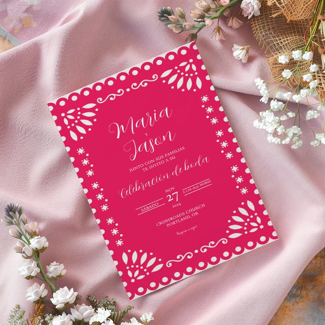 Pink Papel Picado Traditional Boda Spanish Wedding Invitation (Pink Papel Picado Traditional Boda Spanish Wedding Invitation)