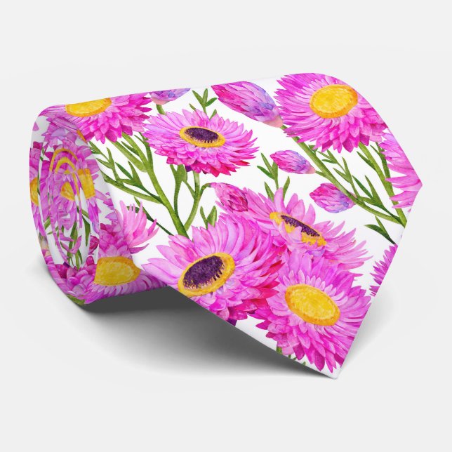Pink Paper Daisies Floral Blooms Neck Tie (Rolled)