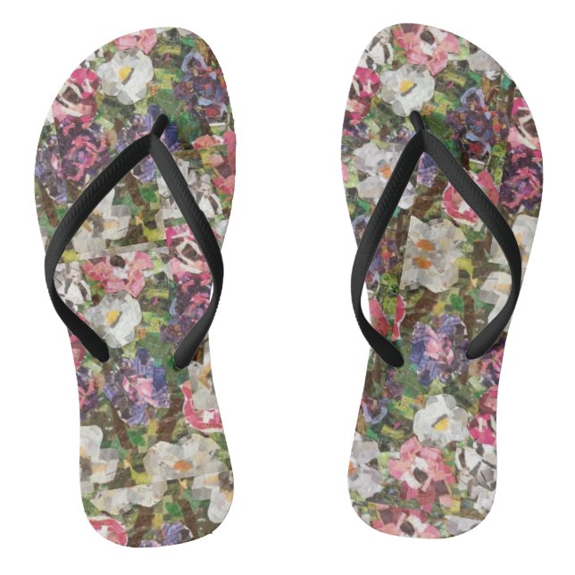 Pink Paper Flower Collage Thin Strap flip flops (Footbed)