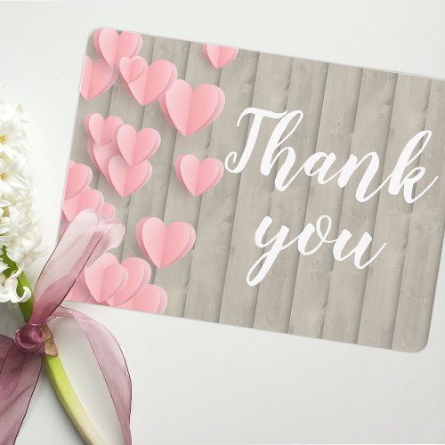 Pink Paper Hearts on Barn Wood Thank You Card