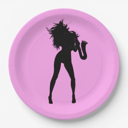 Pink Paper Plates with Saxophone Player Womam