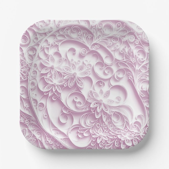 Pink Paper Quilling Daisy Design Paper Plates (Front)