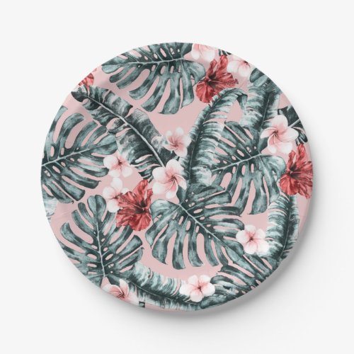 Pink Paradise Tropical Island Floral Botanical Paper Plates