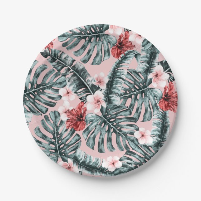 Pink Paradise Tropical Island Floral Botanical Paper Plates (Front)