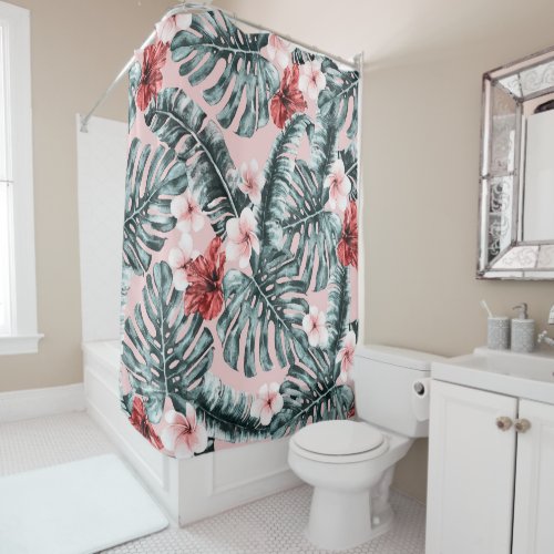 Pink Paradise Tropical Island Floral Botanical Shower Curtain