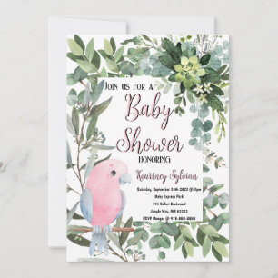 Pink Parakeet Bird Watercolor Baby Shower Invitation