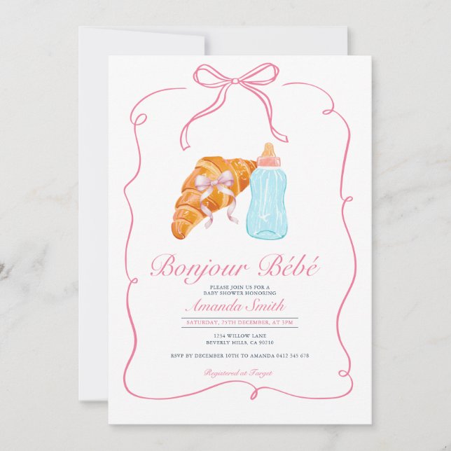 Pink Paris Bow French Croissant Cafe Baby Shower Invitation (Front)