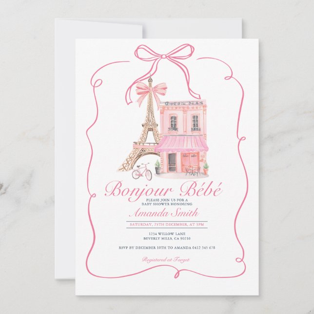 Pink Paris Bow French Parisian Cafe Baby Shower Invitation (Front)