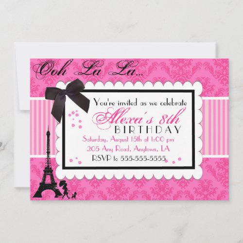 Pink Paris Damask birthday invitation