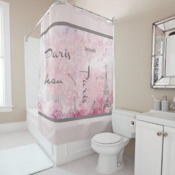 Pink Paris Eiffel Tower And French Text Shower Curtain by csinvitations at Zazzle