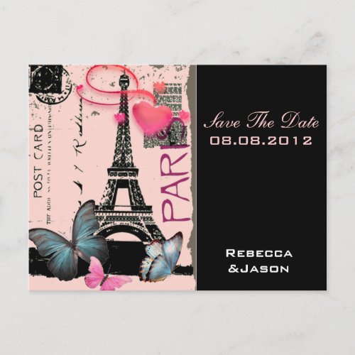 pink paris eiffel tower destination wedding announcement postcard