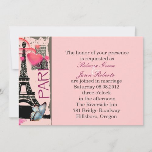 pink paris eiffel tower destination wedding invitation